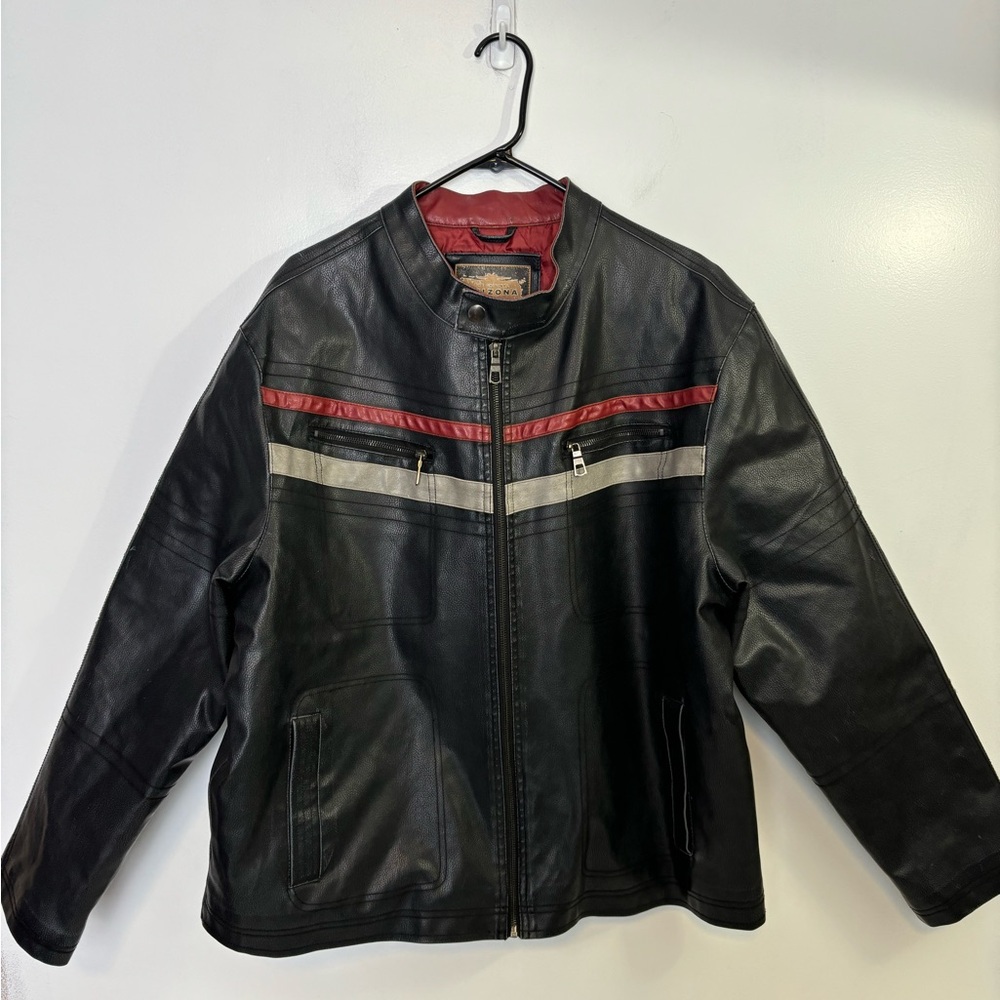 Arizona Jean Company Black Leather Bomber Jacket with Red and Gray Stripes